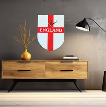Load image into Gallery viewer, Flag Clock, Shield Shape Featuring The St George's Flag of England, With ENGLAND across the Middle, 2 Sizes Available, Battery Included