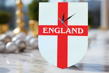 Load image into Gallery viewer, Flag Clock, Shield Shape Featuring The St George's Flag of England, With ENGLAND across the Middle, 2 Sizes Available, Battery Included