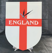 Load image into Gallery viewer, Flag Clock, Shield Shape Featuring The St George's Flag of England, With ENGLAND across the Middle, 2 Sizes Available, Battery Included