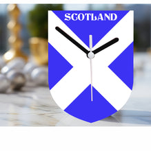 Load image into Gallery viewer, Flag Clock, Shield Shape Featuring The Flag of Scotland, With SCOTLAND across the Top, 2 Sizes Available, Battery Included