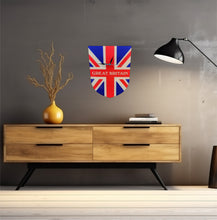 Load image into Gallery viewer, Flag Clock, Shield Shape Featuring The Union Jack Flag of Great Britain, With GREAT BRITAIN across the Middle, 2 Sizes Available, Battery Included