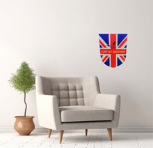 Load image into Gallery viewer, Flag Clock, Shield Shape Featuring The Union Jack Flag of Great Britain, With GREAT BRITAIN across the Middle, 2 Sizes Available, Battery Included