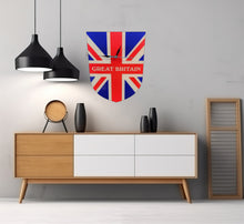 Load image into Gallery viewer, Flag Clock, Shield Shape Featuring The Union Jack Flag of Great Britain, With GREAT BRITAIN across the Middle, 2 Sizes Available, Battery Included