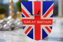 Load image into Gallery viewer, Flag Clock, Shield Shape Featuring The Union Jack Flag of Great Britain, With GREAT BRITAIN across the Middle, 2 Sizes Available, Battery Included
