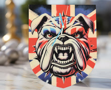Load image into Gallery viewer, Flag Clock, Shield Shape Featuring The Union Jack Flag of Great Britain, With a Snarling British Bulldog, 2 Sizes Available, Battery Included