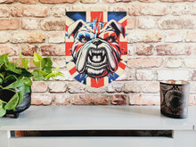 Load image into Gallery viewer, Flag Clock, Shield Shape Featuring The Union Jack Flag of Great Britain, With a Snarling British Bulldog, 2 Sizes Available, Battery Included