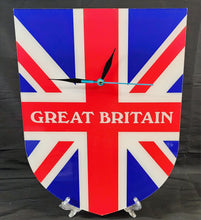 Load image into Gallery viewer, Flag Clock, Shield Shape Featuring The Union Jack Flag of Great Britain, With GREAT BRITAIN across the Middle, 2 Sizes Available, Battery Included