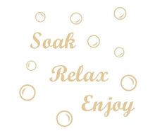 Load image into Gallery viewer, Soak Relax Enjoy + 45 Bubbles Art Sticker Decal Transfer for Bathroom Wall Tiles, Bath Panel - Bolsover Designs
