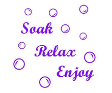 Load image into Gallery viewer, Soak Relax Enjoy + 45 Bubbles Art Sticker Decal Transfer for Bathroom Wall Tiles, Bath Panel - Bolsover Designs