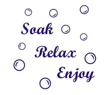 Load image into Gallery viewer, Soak Relax Enjoy + 45 Bubbles Art Sticker Decal Transfer for Bathroom Wall Tiles, Bath Panel - Bolsover Designs