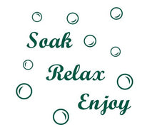 Load image into Gallery viewer, Soak Relax Enjoy + 45 Bubbles Art Sticker Decal Transfer for Bathroom Wall Tiles, Bath Panel - Bolsover Designs