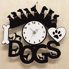 Load image into Gallery viewer, 3D Wall Clock "I Love Dogs" Many Breeds surrounding Clock Face. Bone, Heart, Battery Included