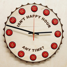 Load image into Gallery viewer, Fun Johnny Depp Clock "Isn't Happy Hour Anytime?" With Bottle Tops In Place Of Hours