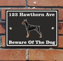 Load image into Gallery viewer, Beware of The Dog, Doberman German Shepherd Pitbull Rottweiler, Address Sign For House Home or Business, Door Number Road Name Plaque, in A5 or A4 Size - Bolsover Designs