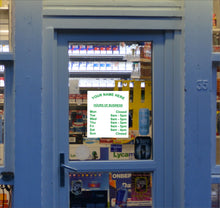 Load image into Gallery viewer, Opening Closing Times Sticker Sign for Shop Door or Window, Business Premises with Name and Telephone Number or Graphics - Bolsover Designs