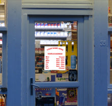 Load image into Gallery viewer, Opening Closing Times Sticker Sign for Shop Door or Window, Business Premises with Name and Telephone Number or Graphics - Bolsover Designs