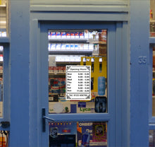 Load image into Gallery viewer, Opening Closing Times Sticker Sign for Shop Door or Window, Business Premises with Name and Telephone Number or Graphics - Bolsover Designs
