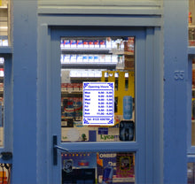 Load image into Gallery viewer, Opening Closing Times Sticker Sign for Shop Door or Window, Business Premises with Name and Telephone Number or Graphics - Bolsover Designs