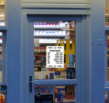 Load image into Gallery viewer, Opening Closing Times Sticker Sign for Shop Door or Window, Business Premises with Name and Telephone Number or Graphics - Bolsover Designs
