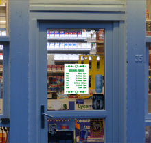 Load image into Gallery viewer, Opening Closing Times Sticker Sign for Shop Door or Window, Business Premises with Name and Telephone Number or Graphics - Bolsover Designs