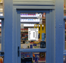 Load image into Gallery viewer, Opening Closing Times Sticker Sign for Shop Door or Window, Business Premises with Name and Telephone Number or Graphics - Bolsover Designs