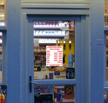 Load image into Gallery viewer, Opening Closing Times Sticker Sign for Shop Door or Window, Business Premises with Name and Telephone Number or Graphics - Bolsover Designs