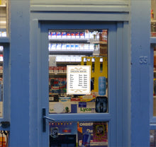 Load image into Gallery viewer, Opening Closing Times Sticker Sign for Shop Door or Window, Business Premises with Name and Telephone Number or Graphics - Bolsover Designs