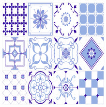 Load image into Gallery viewer, Pack Of 12 Blue Pattern Mosaic Waterproof Tile Stickers, Transfers For 150mm x 200mm or 200mm x 250mm Kitchen or Bathroom Tiles Design BL06 - Bolsover Designs