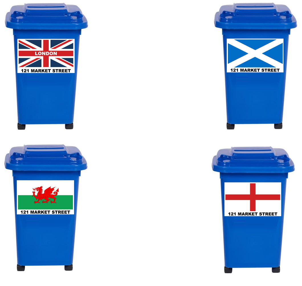 4 x Flag Themed Wheelie Bin Stickers, Address Sign, House Home or Business, Door Number Road Name Sticker, A5 or A4 Size