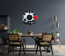 Load image into Gallery viewer, 3D Wall Clock &quot;I Love Cats&quot;, lots of cats surrounding Clock Face. Fish, Heart, Battery Included
