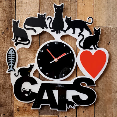 3D Wall Clock "I Love Cats", lots of cats surrounding Clock Face. Fish, Heart, Battery Included