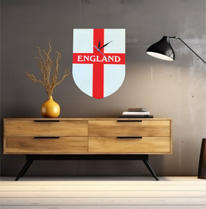 Flag Clock, Shield Shape Featuring The St George's Flag of England, With ENGLAND across the Middle, 2 Sizes Available, Battery Included