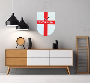 Flag Clock, Shield Shape Featuring The St George's Flag of England, With ENGLAND across the Middle, 2 Sizes Available, Battery Included