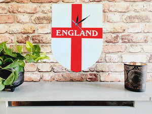 Flag Clock, Shield Shape Featuring The St George's Flag of England, With ENGLAND across the Middle, 2 Sizes Available, Battery Included