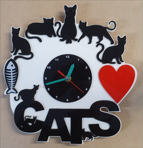 3D Wall Clock "I Love Cats", lots of cats surrounding Clock Face. Fish, Heart, Battery Included