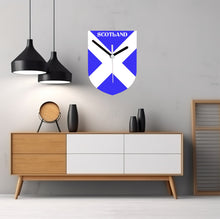 Load image into Gallery viewer, Flag Clock, Shield Shape Featuring The Flag of Scotland, With SCOTLAND across the Top, 2 Sizes Available, Battery Included
