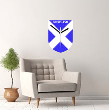 Load image into Gallery viewer, Flag Clock, Shield Shape Featuring The Flag of Scotland, With SCOTLAND across the Top, 2 Sizes Available, Battery Included
