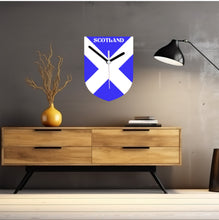 Load image into Gallery viewer, Flag Clock, Shield Shape Featuring The Flag of Scotland, With SCOTLAND across the Top, 2 Sizes Available, Battery Included
