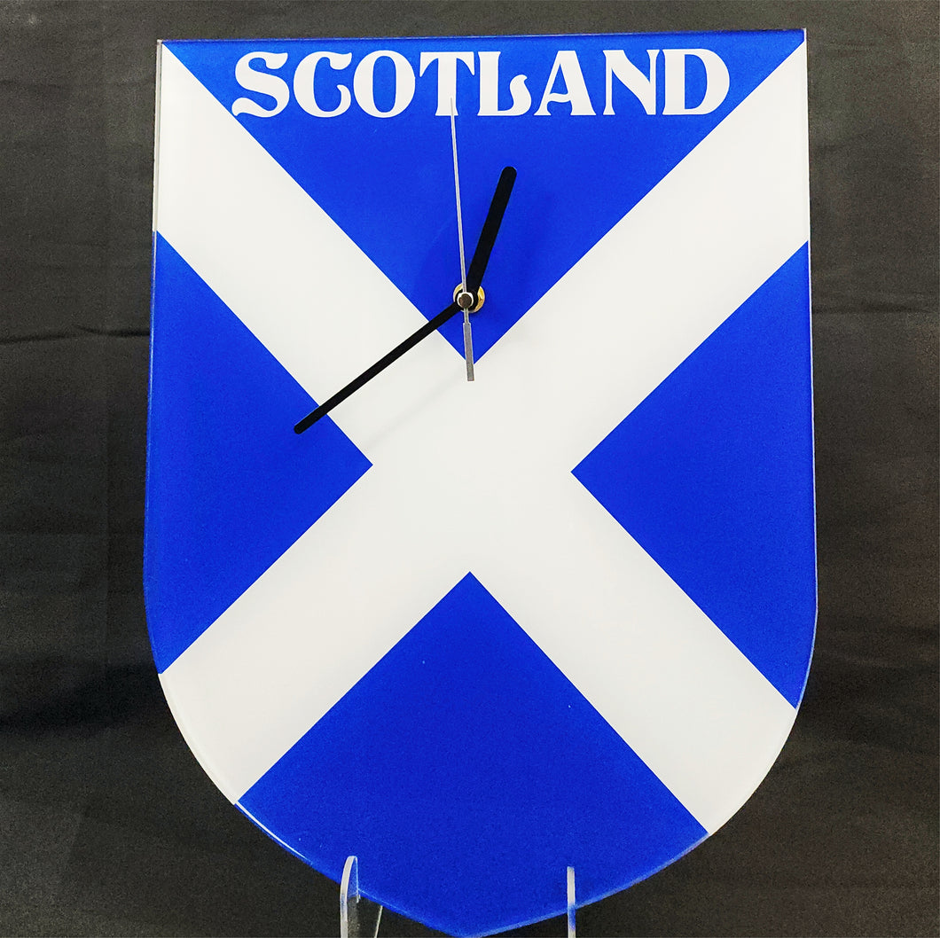 Flag Clock, Shield Shape Featuring The Flag of Scotland, With SCOTLAND across the Top, 2 Sizes Available, Battery Included