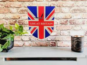 Flag Clock, Shield Shape Featuring The Union Jack Flag of Great Britain, With GREAT BRITAIN across the Middle, 2 Sizes Available, Battery Included