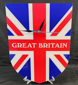 Flag Clock, Shield Shape Featuring The Union Jack Flag of Great Britain, With GREAT BRITAIN across the Middle, 2 Sizes Available, Battery Included