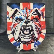 Load image into Gallery viewer, Flag Clock, Shield Shape Featuring The Union Jack Flag of Great Britain, With a Snarling British Bulldog, 2 Sizes Available, Battery Included
