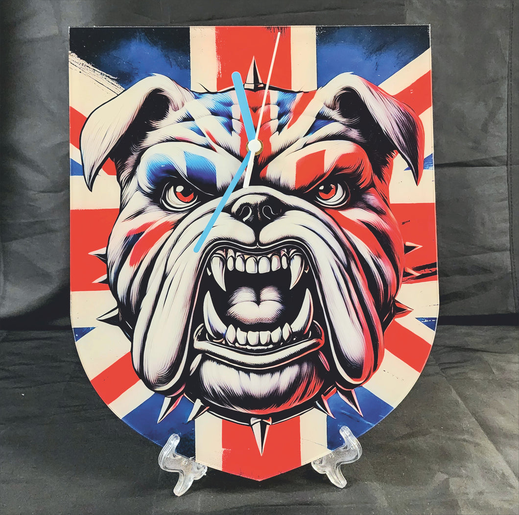 Flag Clock, Shield Shape Featuring The Union Jack Flag of Great Britain, With a Snarling British Bulldog, 2 Sizes Available, Battery Included