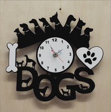 Load and play video in Gallery viewer, 3D Wall Clock &quot;I Love Dogs&quot; Many Breeds surrounding Clock Face. Bone, Heart, Battery Included

