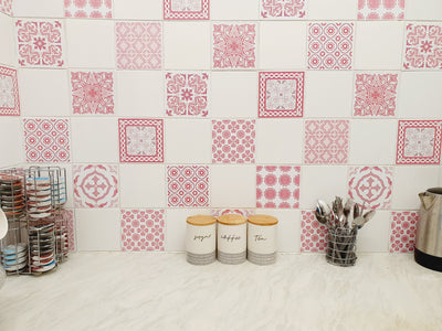Mosaic Tile Stickers, Pack Of 16, All Sizes, Pink, Waterproof, Transfers For Kitchen / Bathroom Tiles P03 - Bolsover Designs
