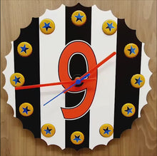 Load and play video in Gallery viewer, 3D Clock In Style Of a Newcastle Shirt with Newcastle Brown Bottle Top With Actual Newcastle Brown Bottle Tops In Place Of Hours
