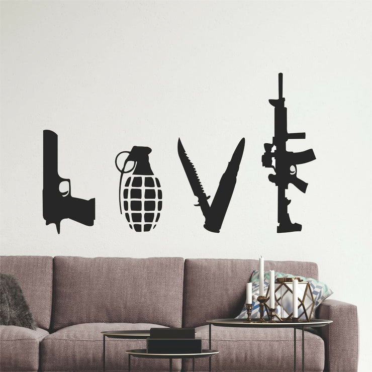 Banksy Style Love Weapons Wall Art for Living Room Bedroom Study Windows etc 3 Sizes - Bolsover Designs