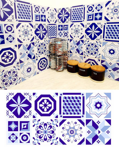 Mosaic Tile Stickers, Pack Of 16, All Sizes, Waterproof, Blue Transfers For Kitchen / Bathroom Tiles BL04 - Bolsover Designs