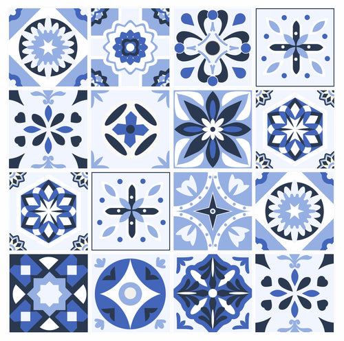 Pack Of 12 Blue Shades Pattern Mosaic Tile Stickers, Transfers For 200mm x 200mm or 8 Inch Kitchen or Bathroom Tiles Design BL07 - Bolsover Designs