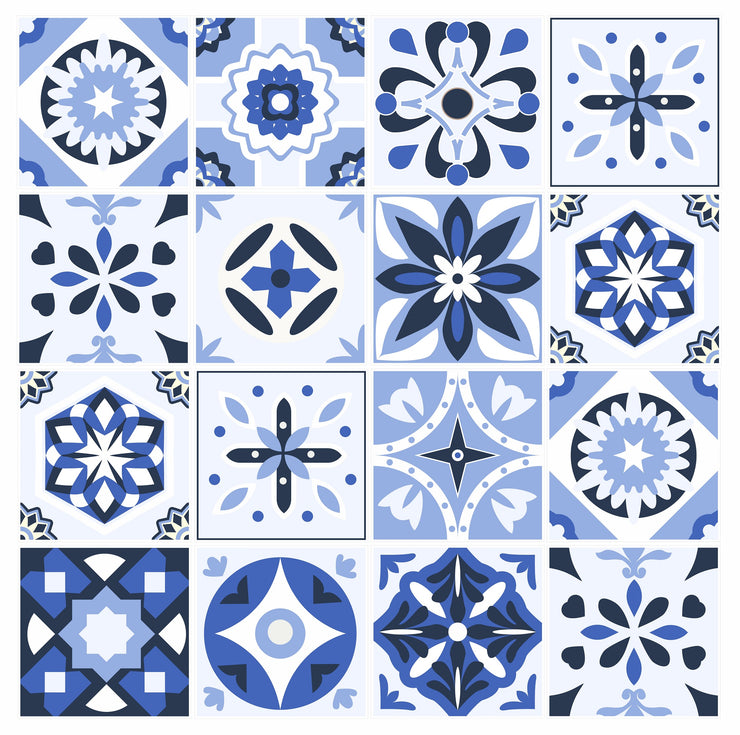 Pack Of 12 Blue Shades Pattern Mosaic Tile Stickers, Transfers For 150mm x 150mm or 6 Inch Kitchen or Bathroom Tiles Design BL07 - Bolsover Designs